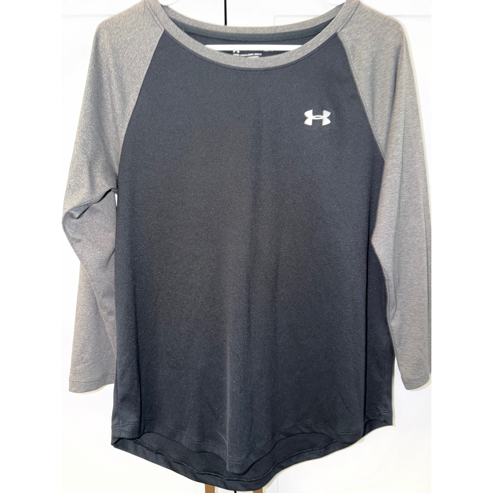 Under Armour Mens HeatGear Raglan Long Sleeve Shirt Black Gray Medium Loose Fit